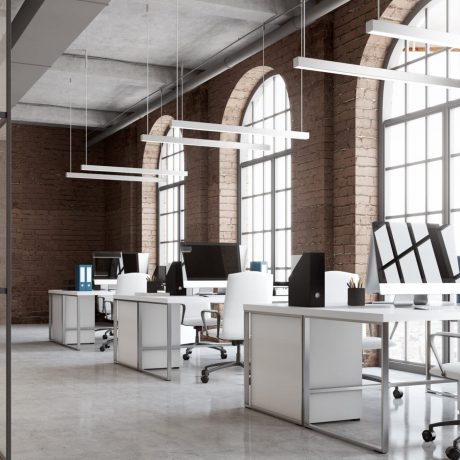 Open,Space,Office,Interior,With,Brick,And,Glass,Walls,,A